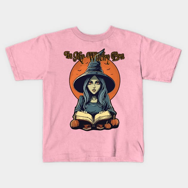 In My Witchy Era Tee Halloween Cute witch with moon behind and bats flying Kids T-Shirt by KromADesign